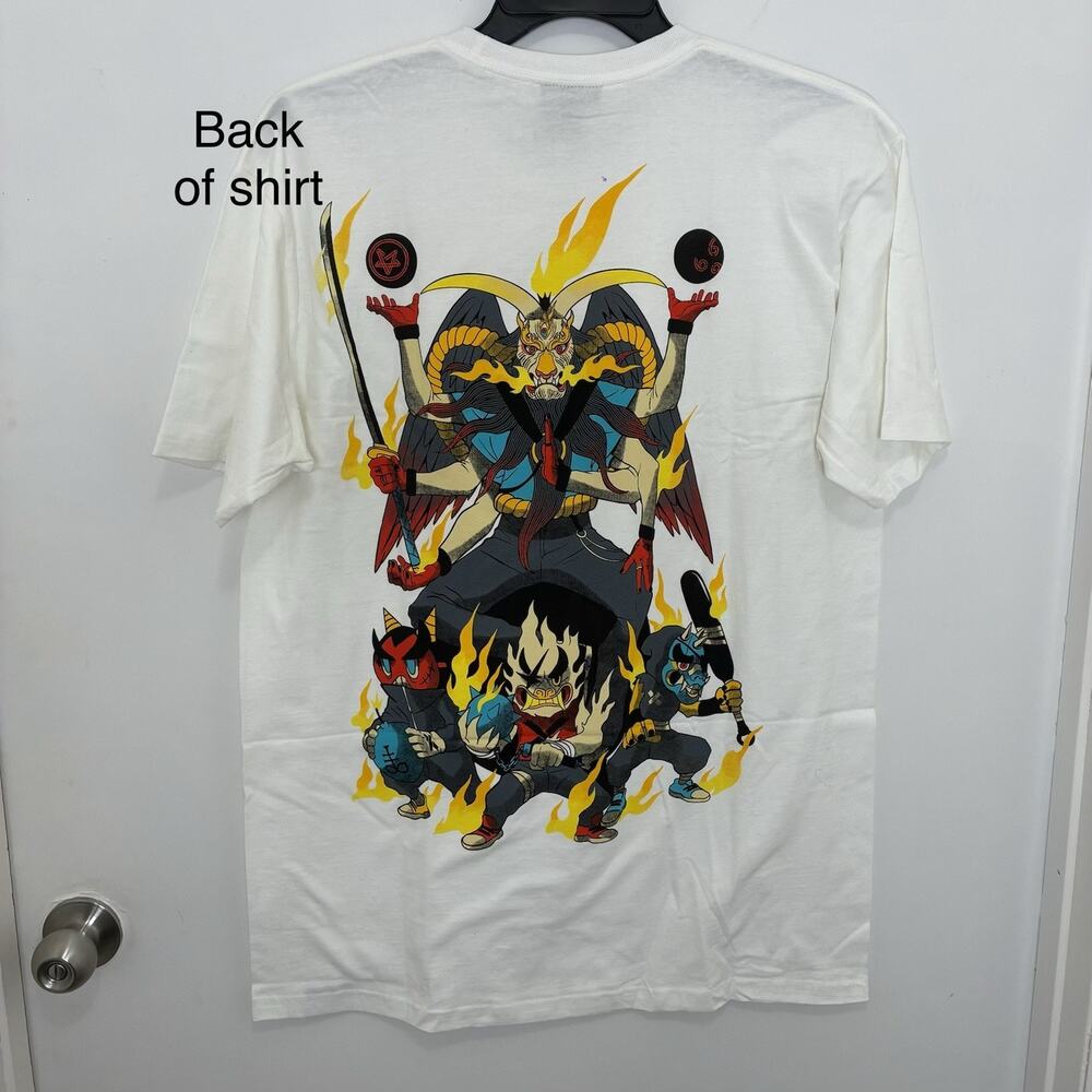 Stay Cold Men's White Large T-Shirt Graphic, Goat 4 Horns, Cartoon, Tattoo Style